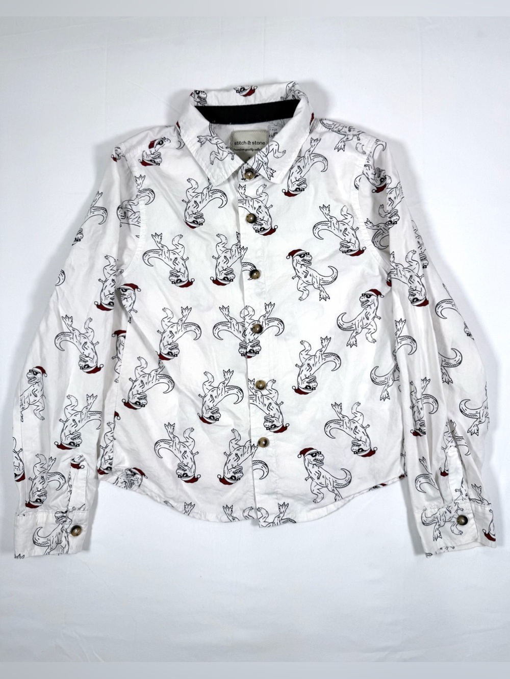 STITCH & STONE White Christmas Dinosaur Print Button Front Shirt Size 7 Holiday